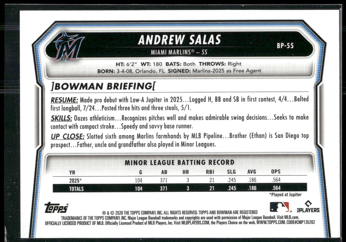 2026 Bowman #BP-55 Andrew Salas Prospects
