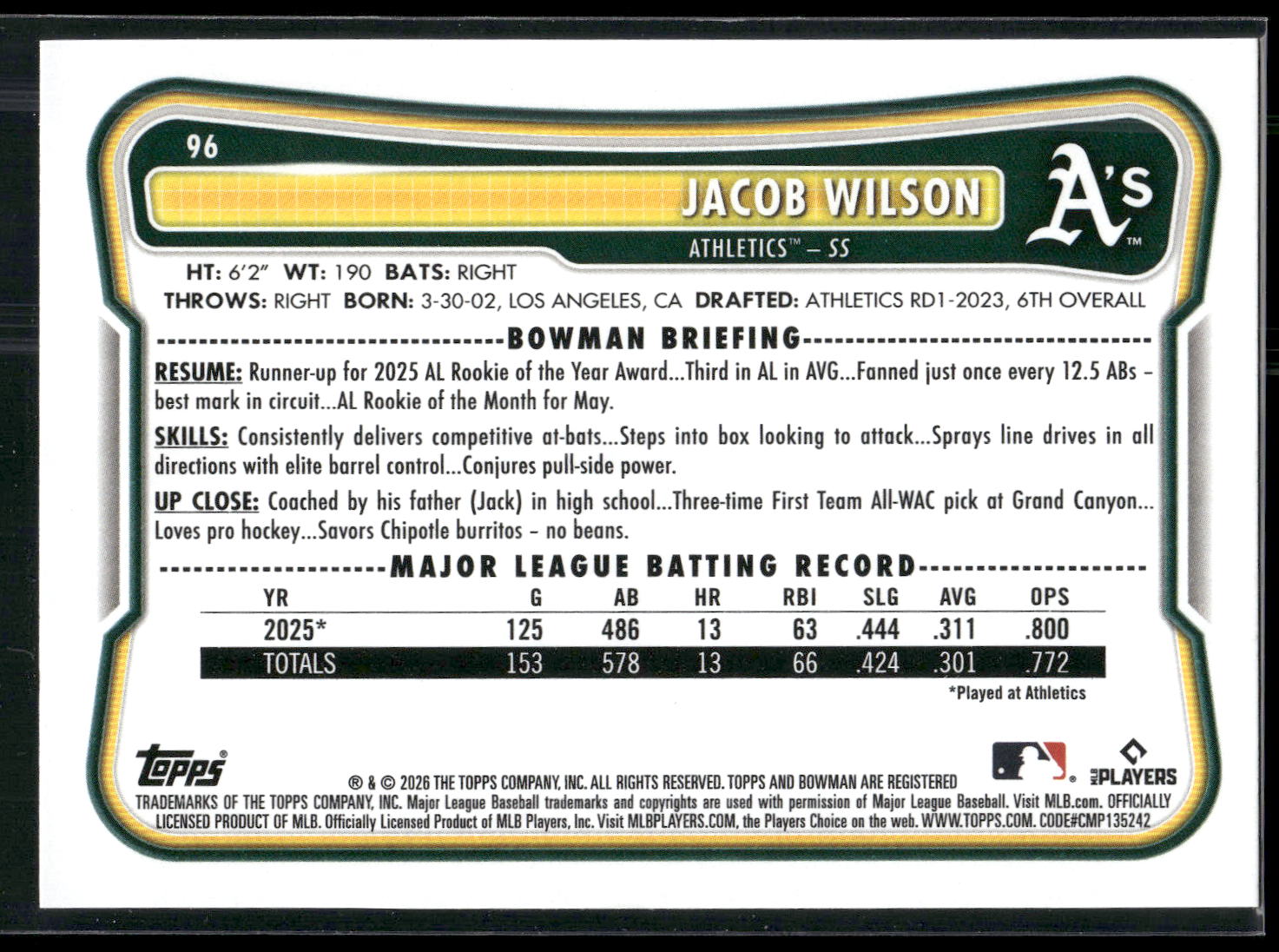 2026 Bowman #96 Jacob Wilson