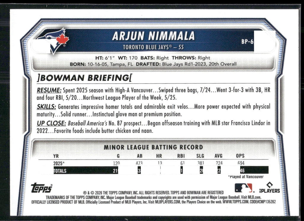 2026 Bowman #BP-67 Arjun Nimmala Prospects