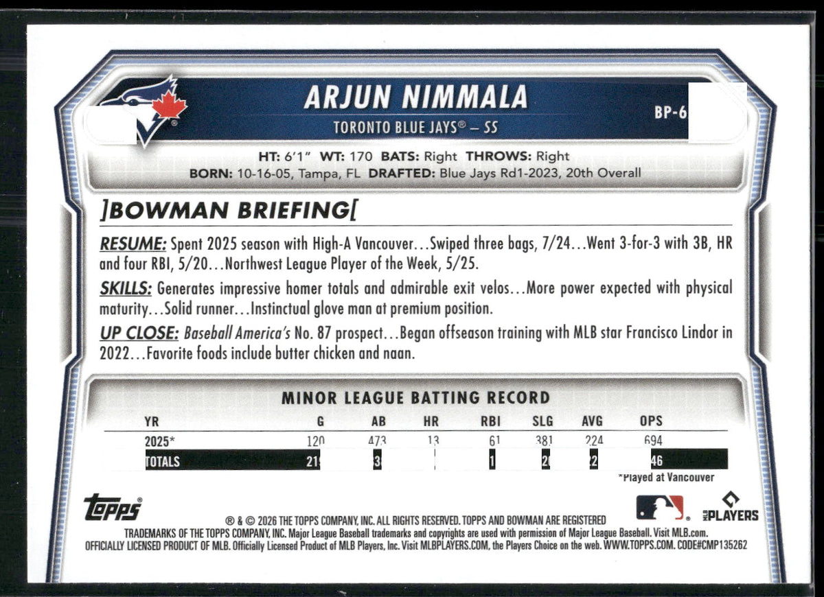 2026 Bowman #BP-67 Arjun Nimmala Prospects