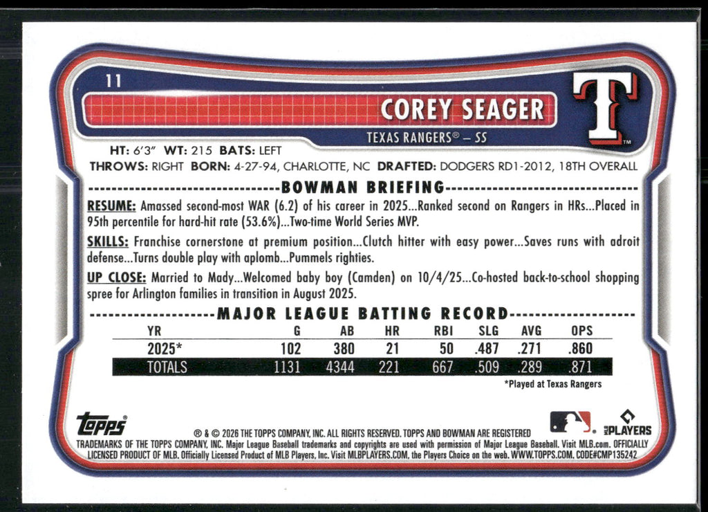 2026 Bowman #11 Corey Seager