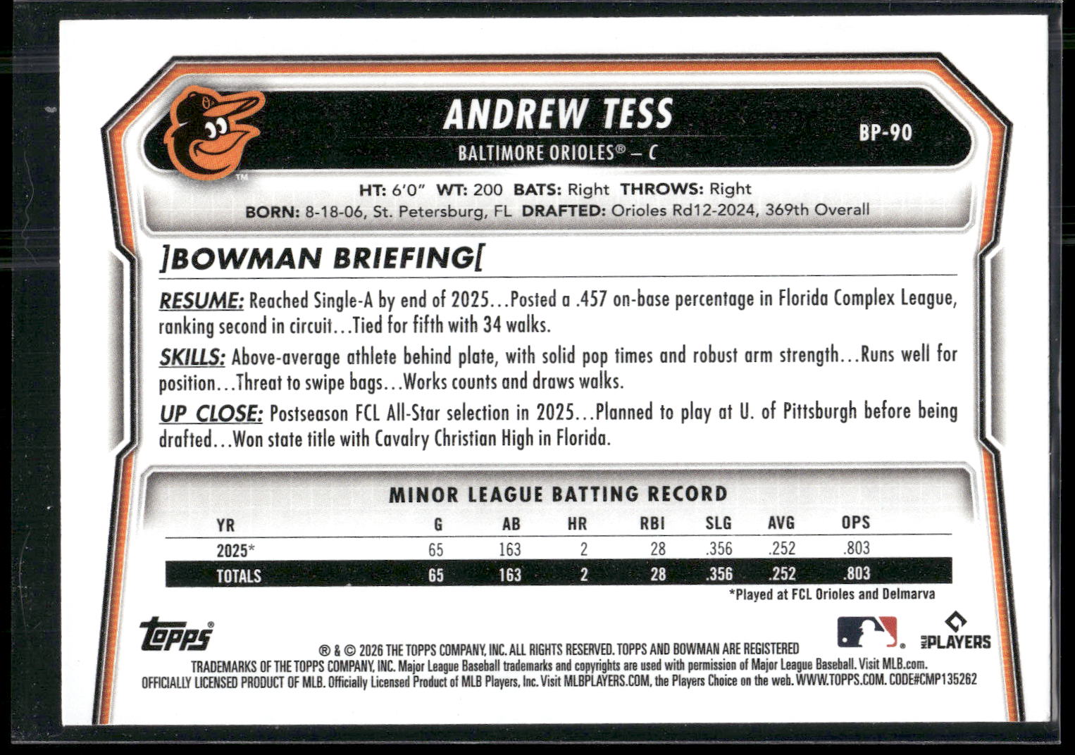 2026 Bowman #BP-90 Andrew Tess Prospects