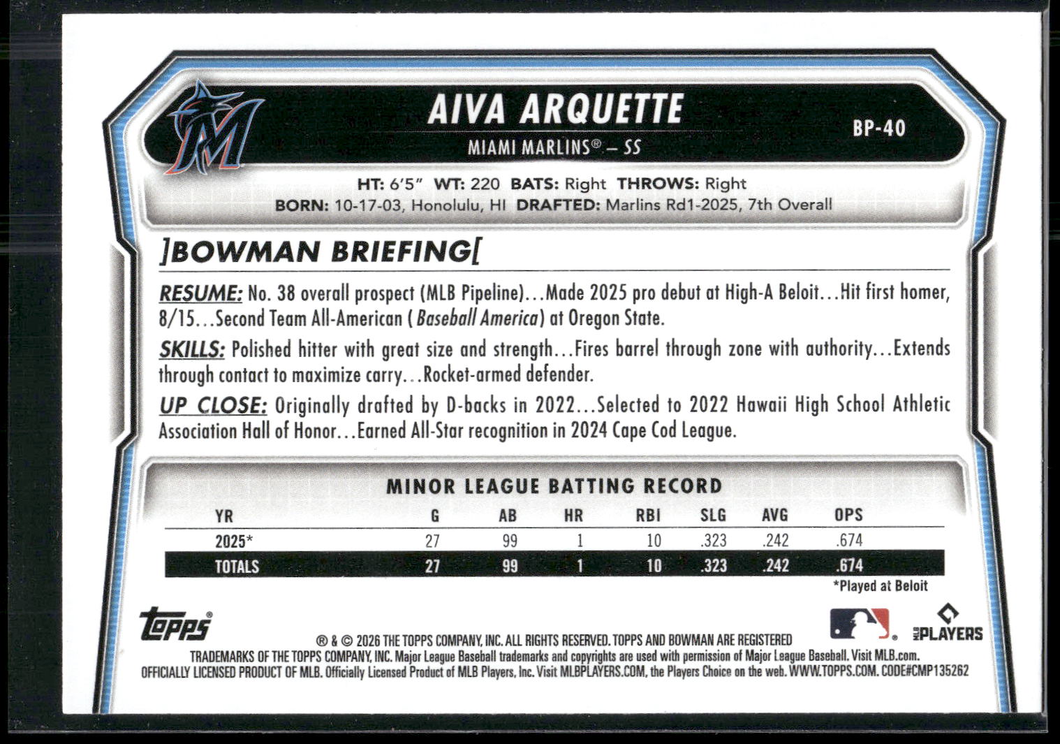 2026 Bowman #BP-40 Aiva Arquette Prospects