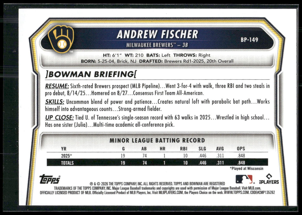 2026 Bowman #BP-149 Andrew Fischer Prospects