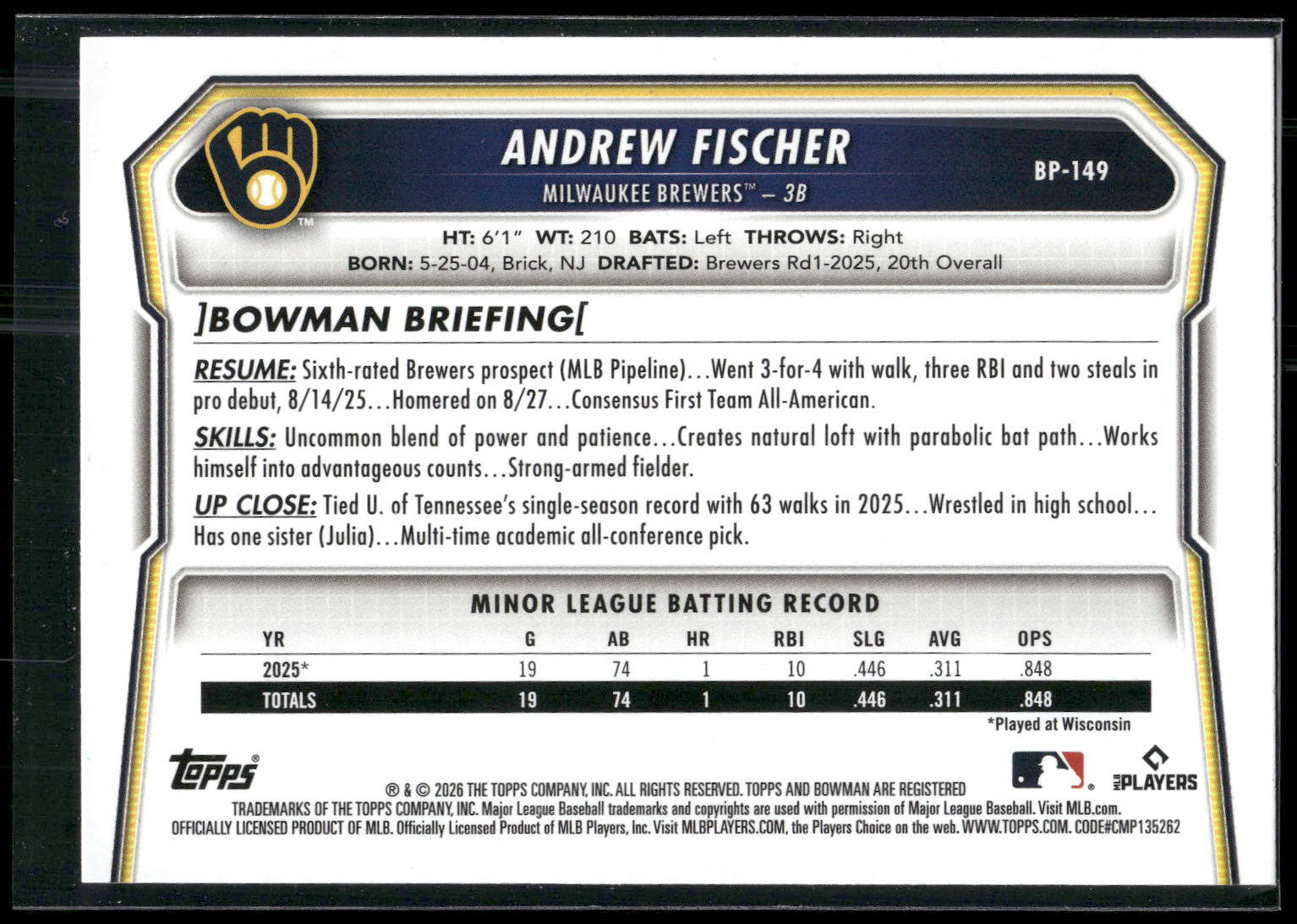 2026 Bowman #BP-149 Andrew Fischer Prospects