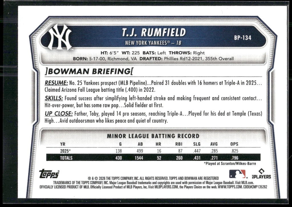 2026 Bowman #BP-134 T.J. Rumfield Prospects