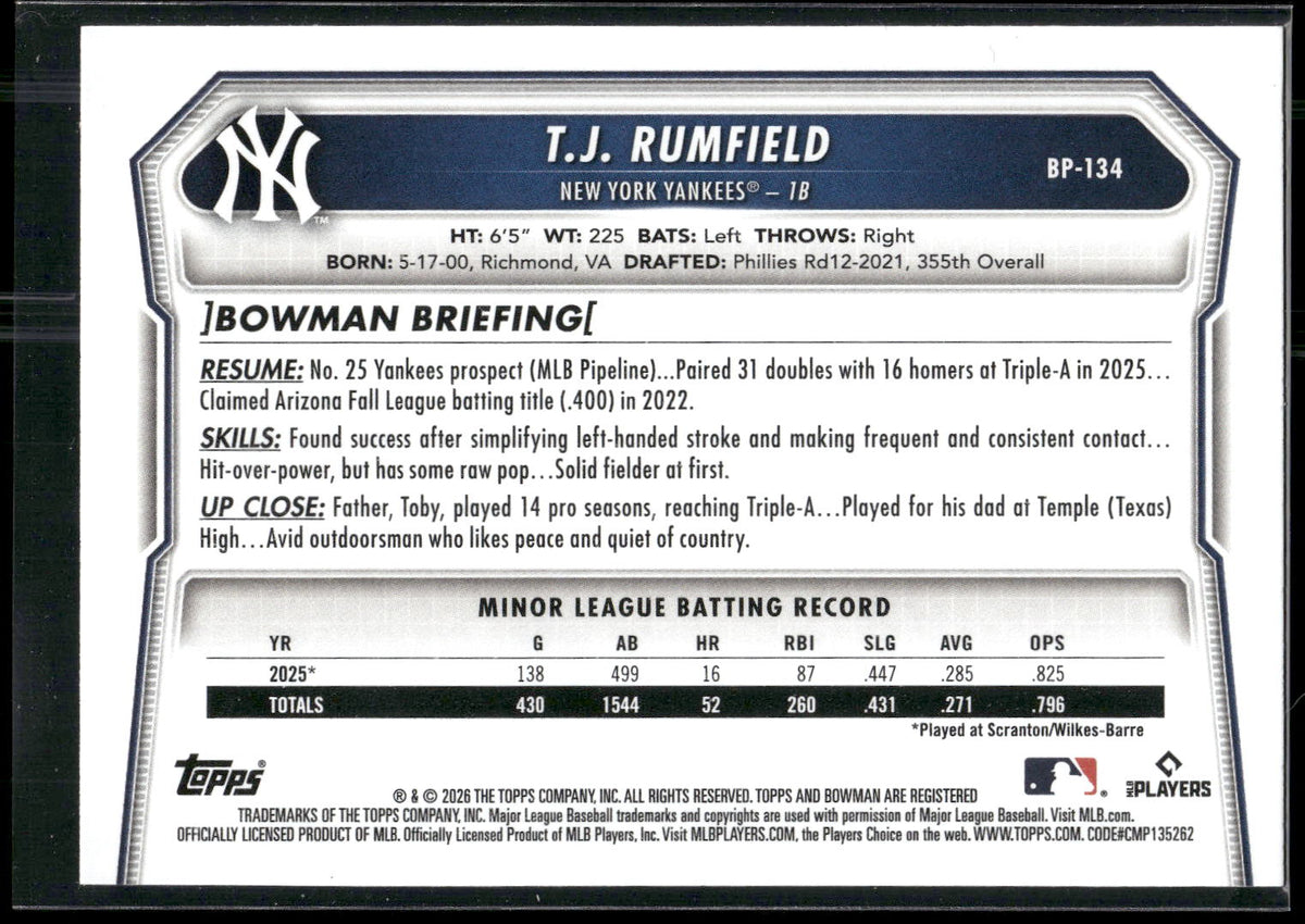 2026 Bowman #BP-134 T.J. Rumfield Prospects