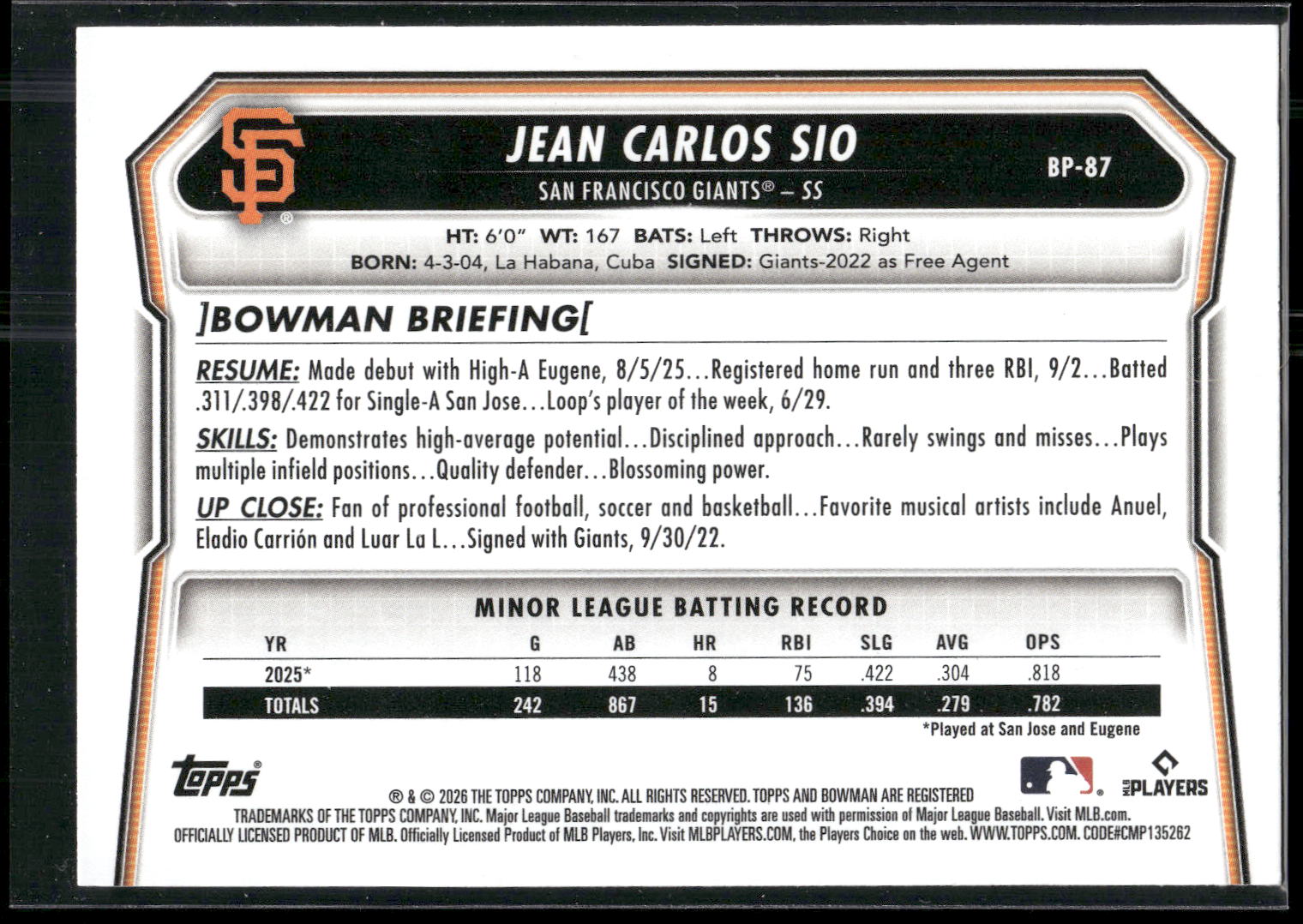 2026 Bowman #BP-87 Jean Carlos Sio Prospects