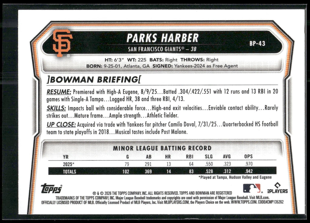 2026 Bowman #BP-43 Parks Harber Prospects