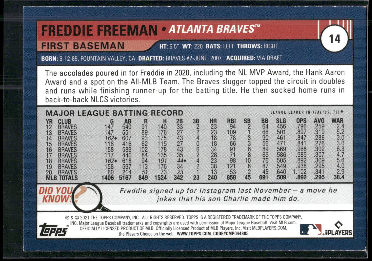 2021 Topps Big League #14 Freddie Freeman