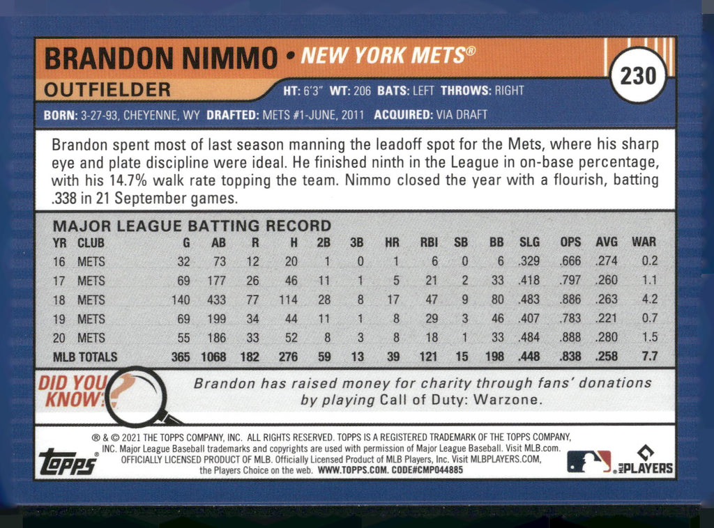 2021 Topps Big League #230 Brandon Nimmo