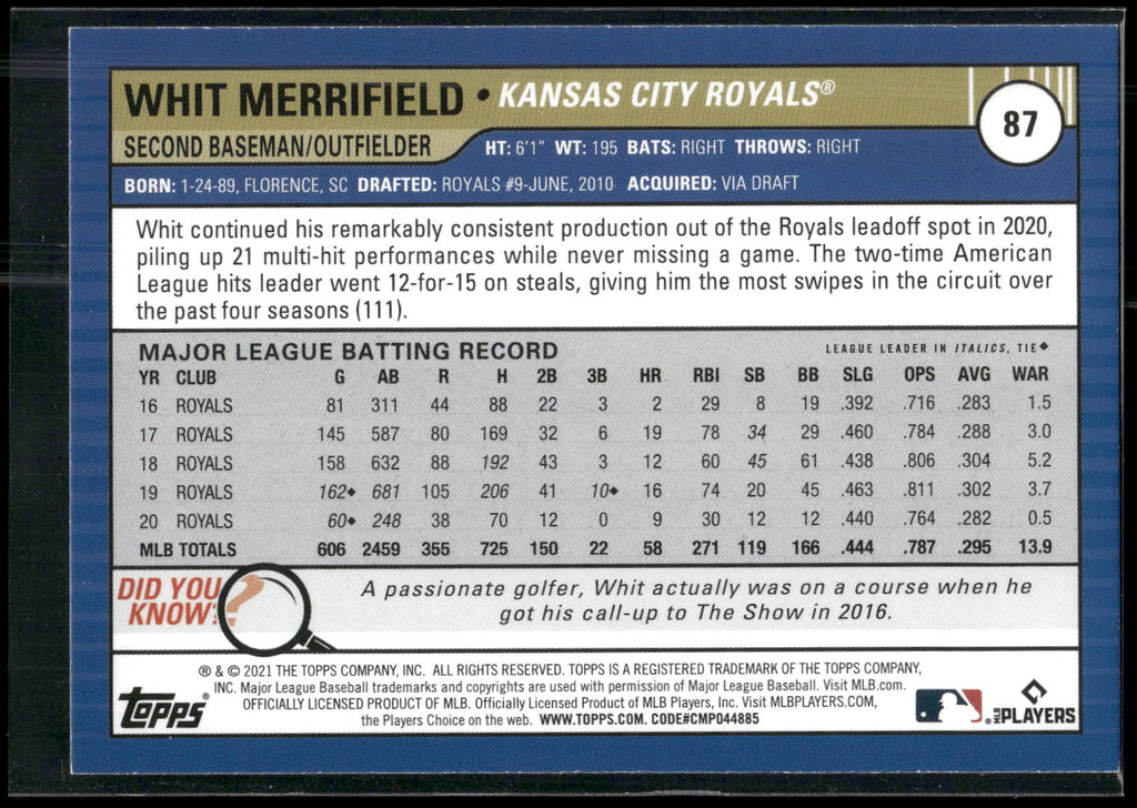 2021 Topps Big League #87 Whit Merrifield