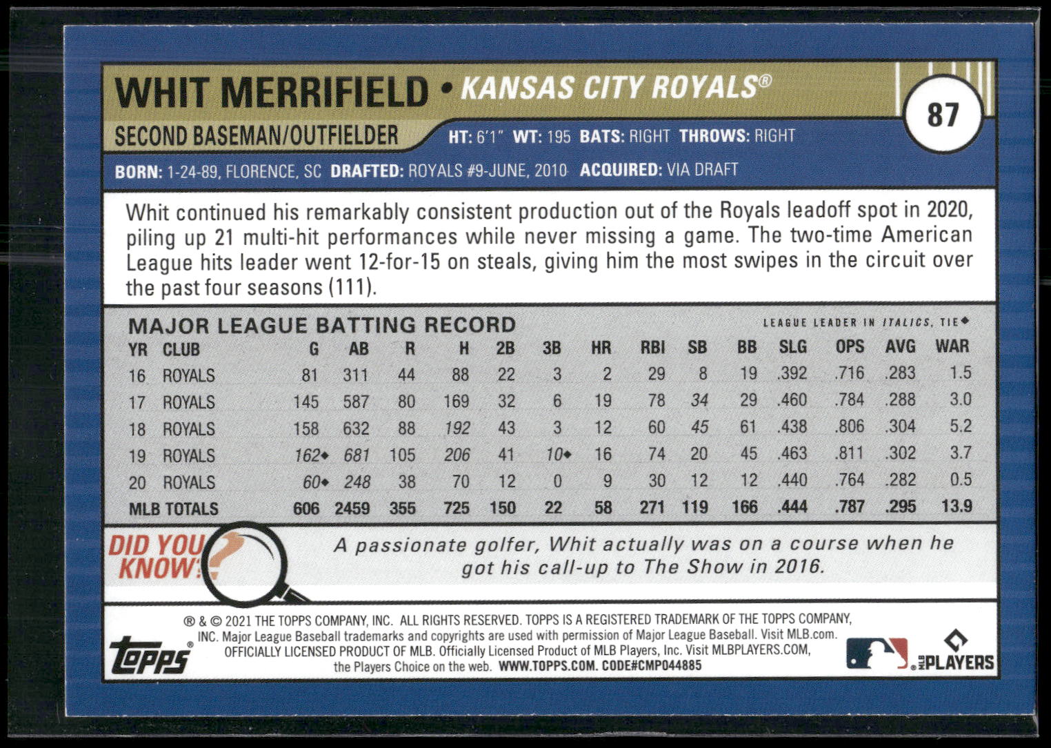 2021 Topps Big League #87 Whit Merrifield