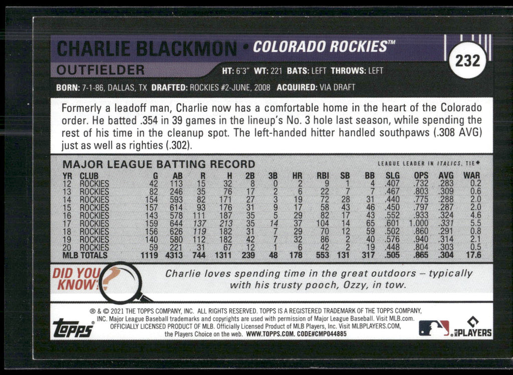 2021 Topps Big League #232 Charlie Blackmon