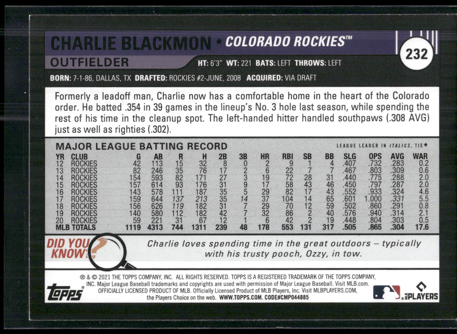 2021 Topps Big League #232 Charlie Blackmon