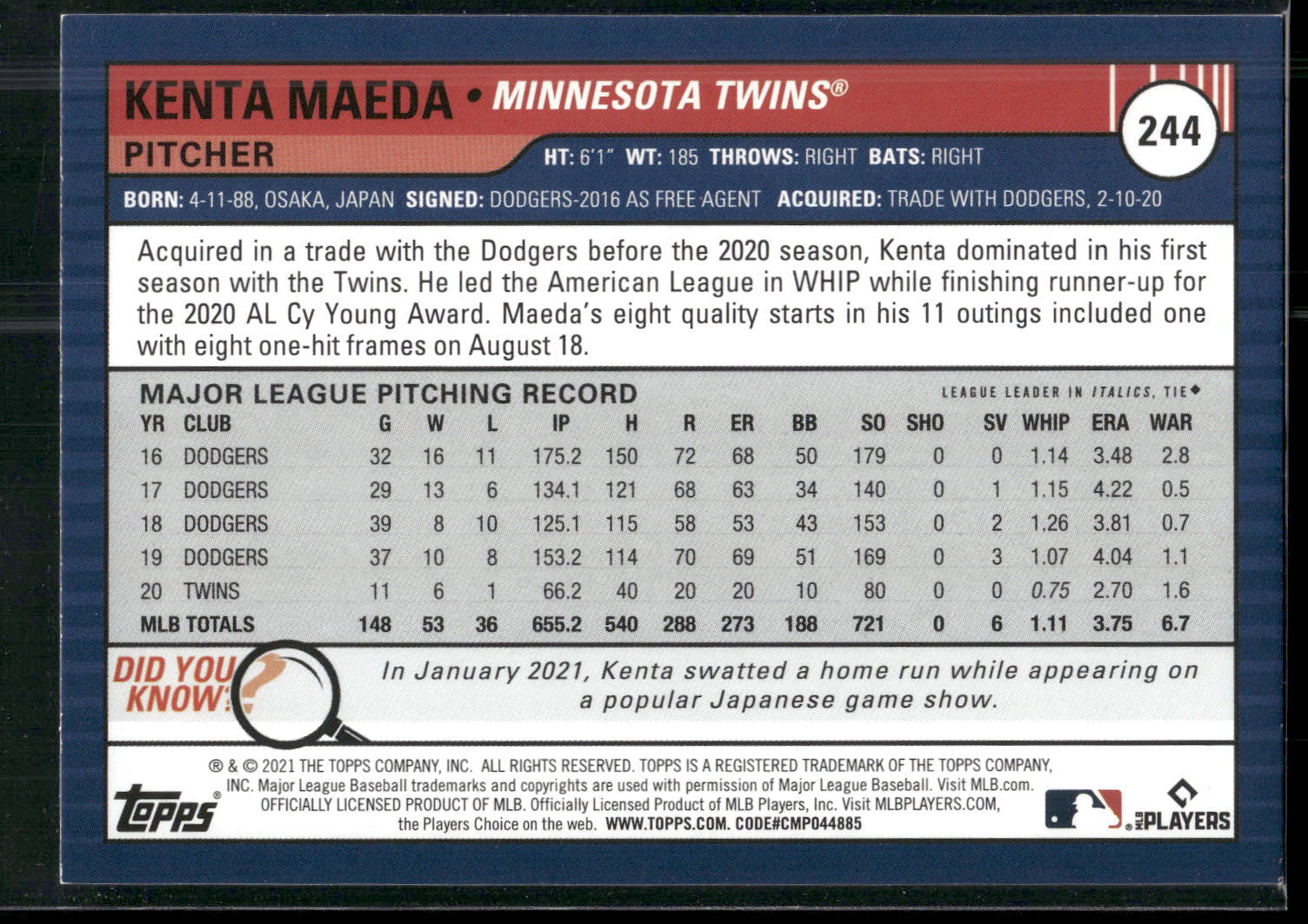 2021 Topps Big League #244 Kenta Maeda