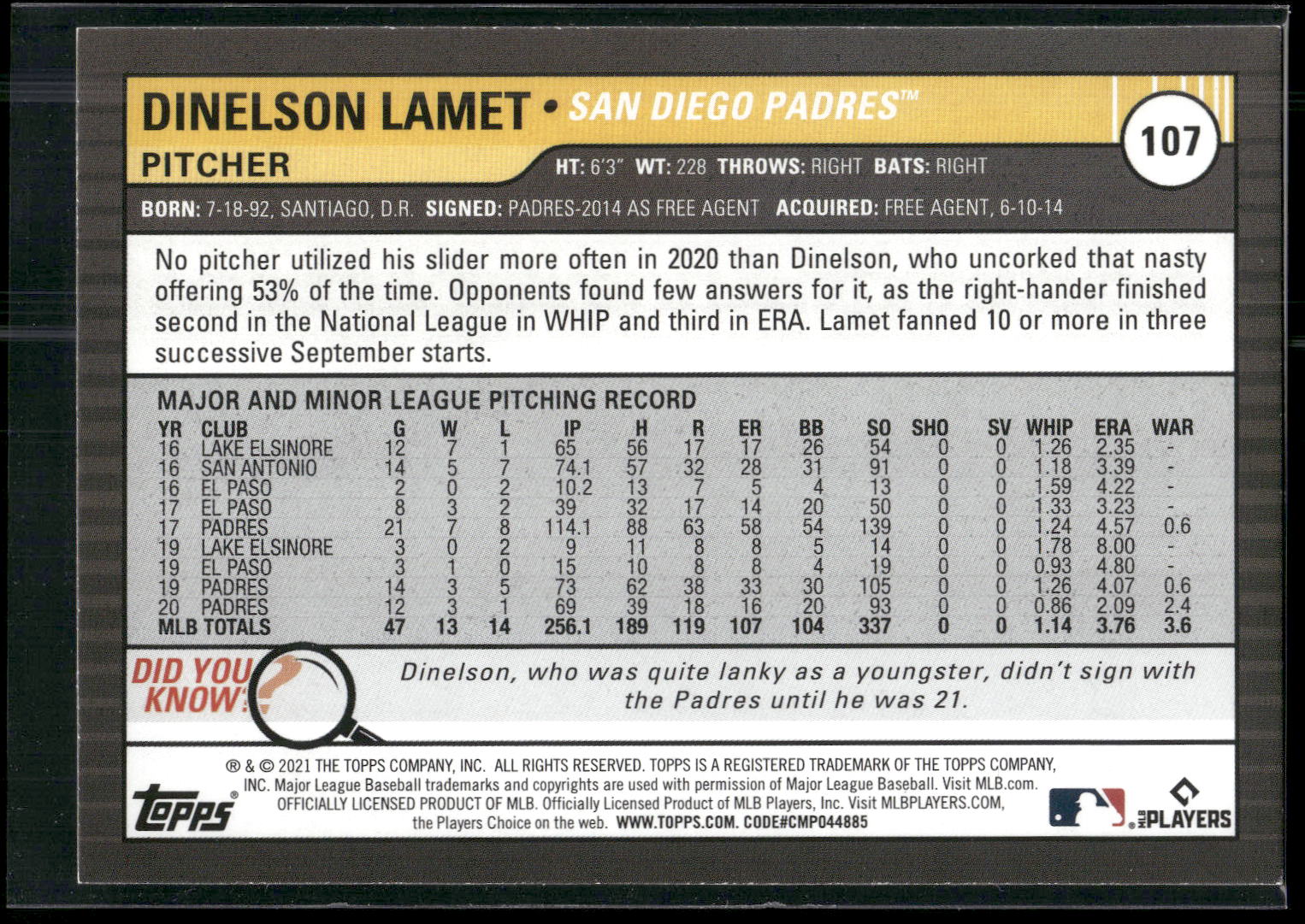 2021 Topps Big League #107 Dinelson Lamet