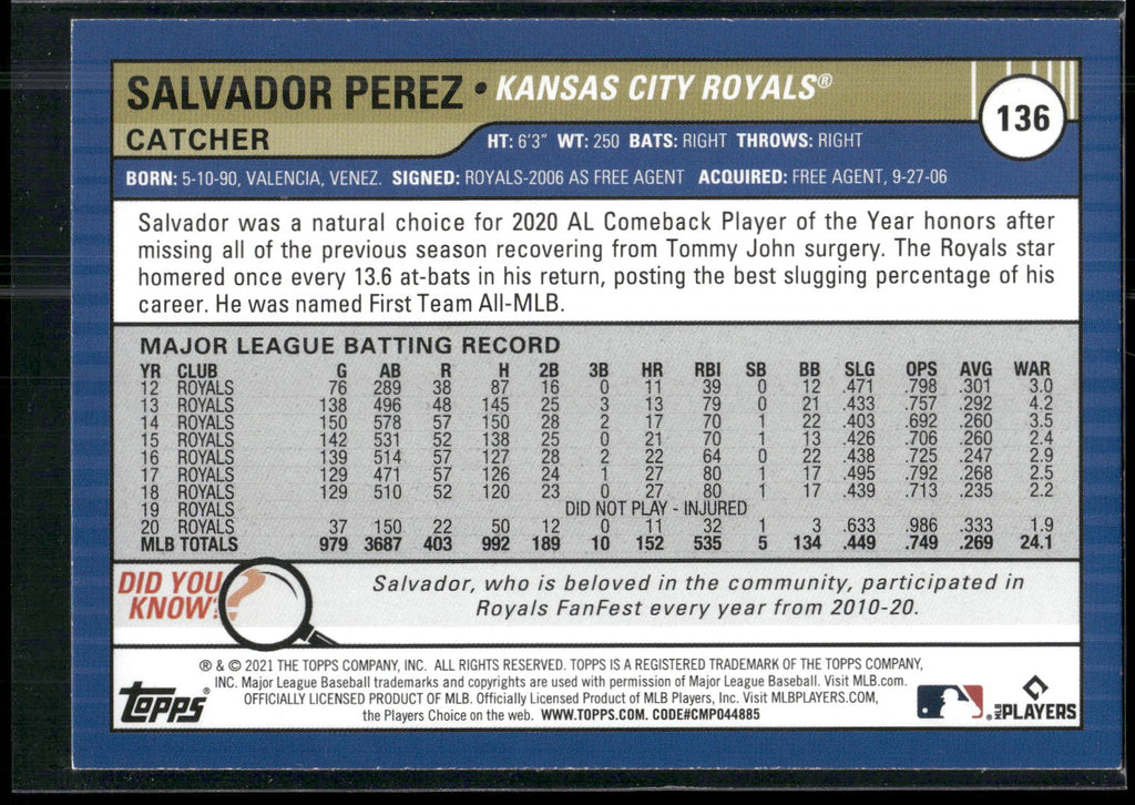 2021 Topps Big League #136 Salvador Perez