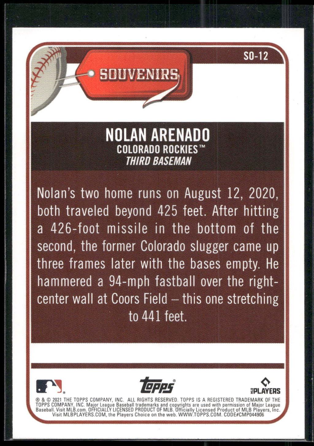 2021 Topps Big League #SO-12 Nolan Arenado Souvenirs
