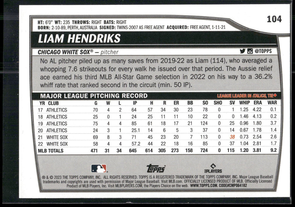 2023 Topps Big League #104 Liam Hendriks