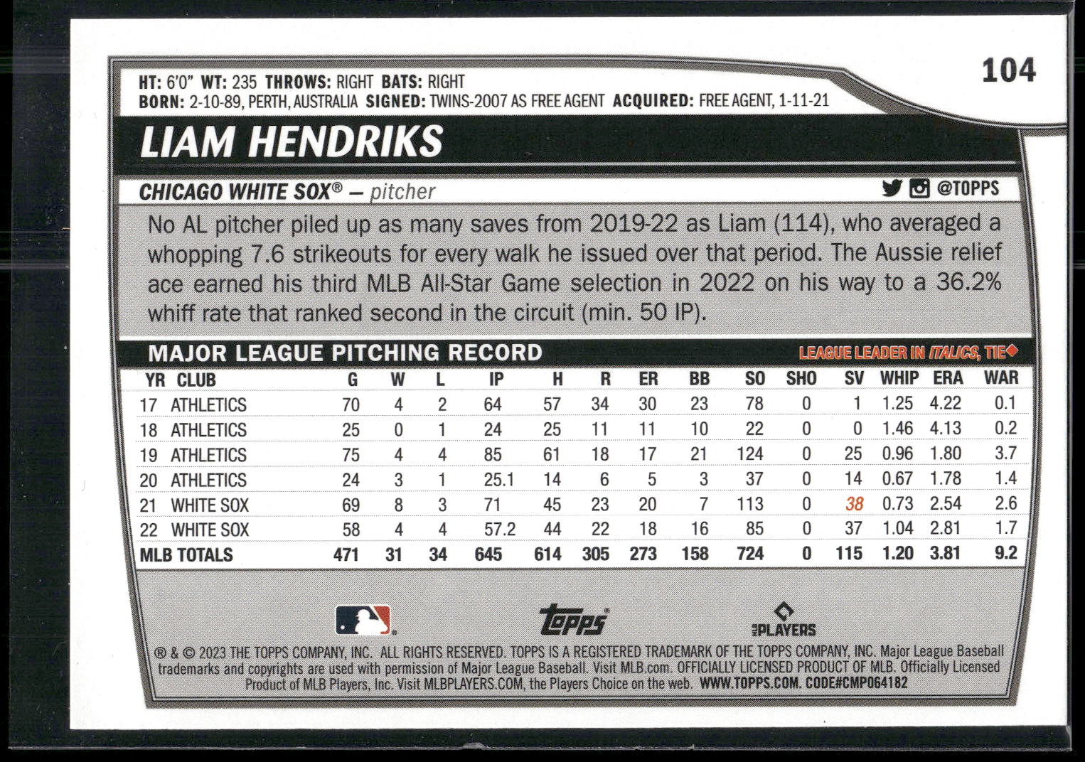 2023 Topps Big League #104 Liam Hendriks