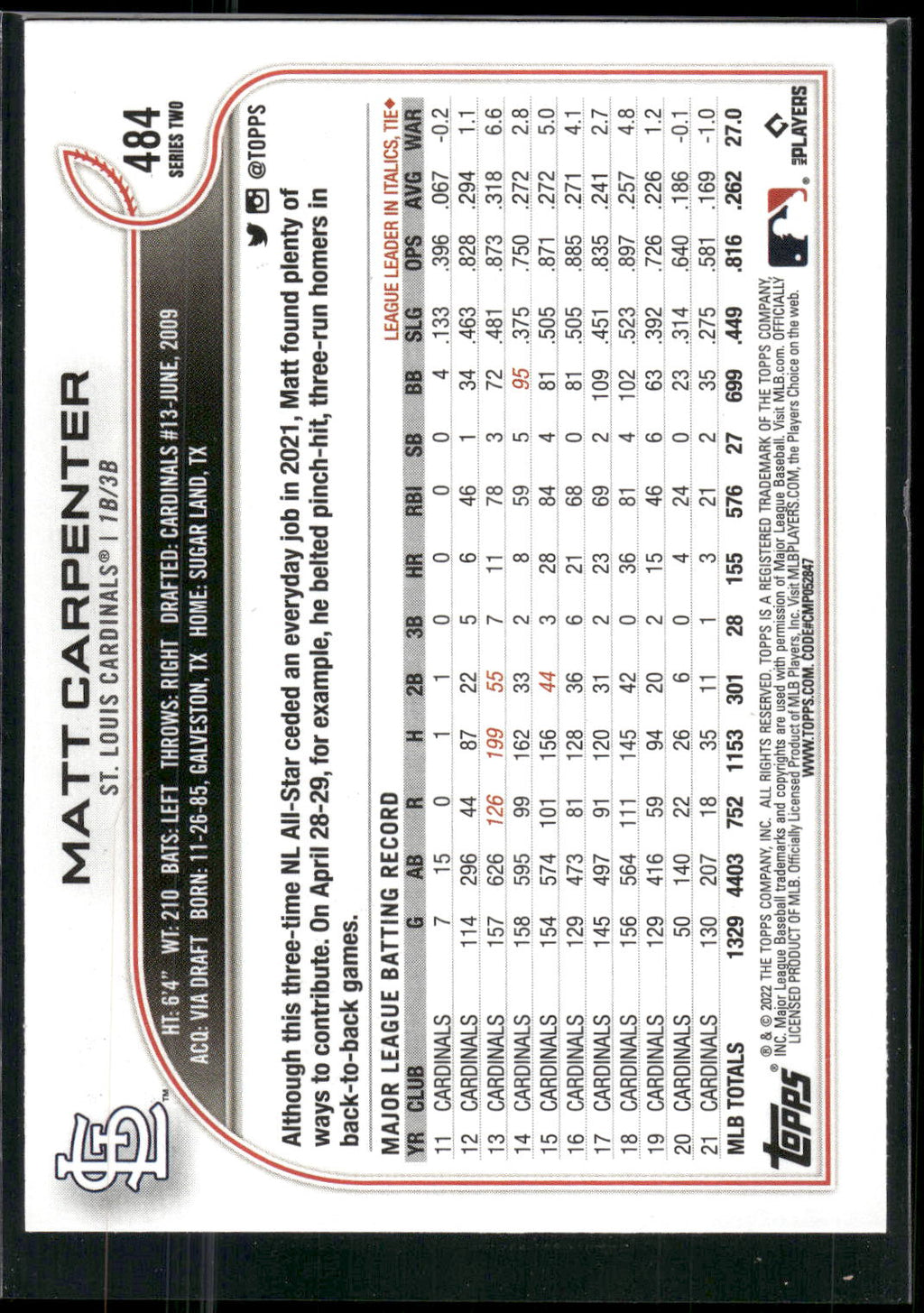 2022 Topps #484 Matt Carpenter