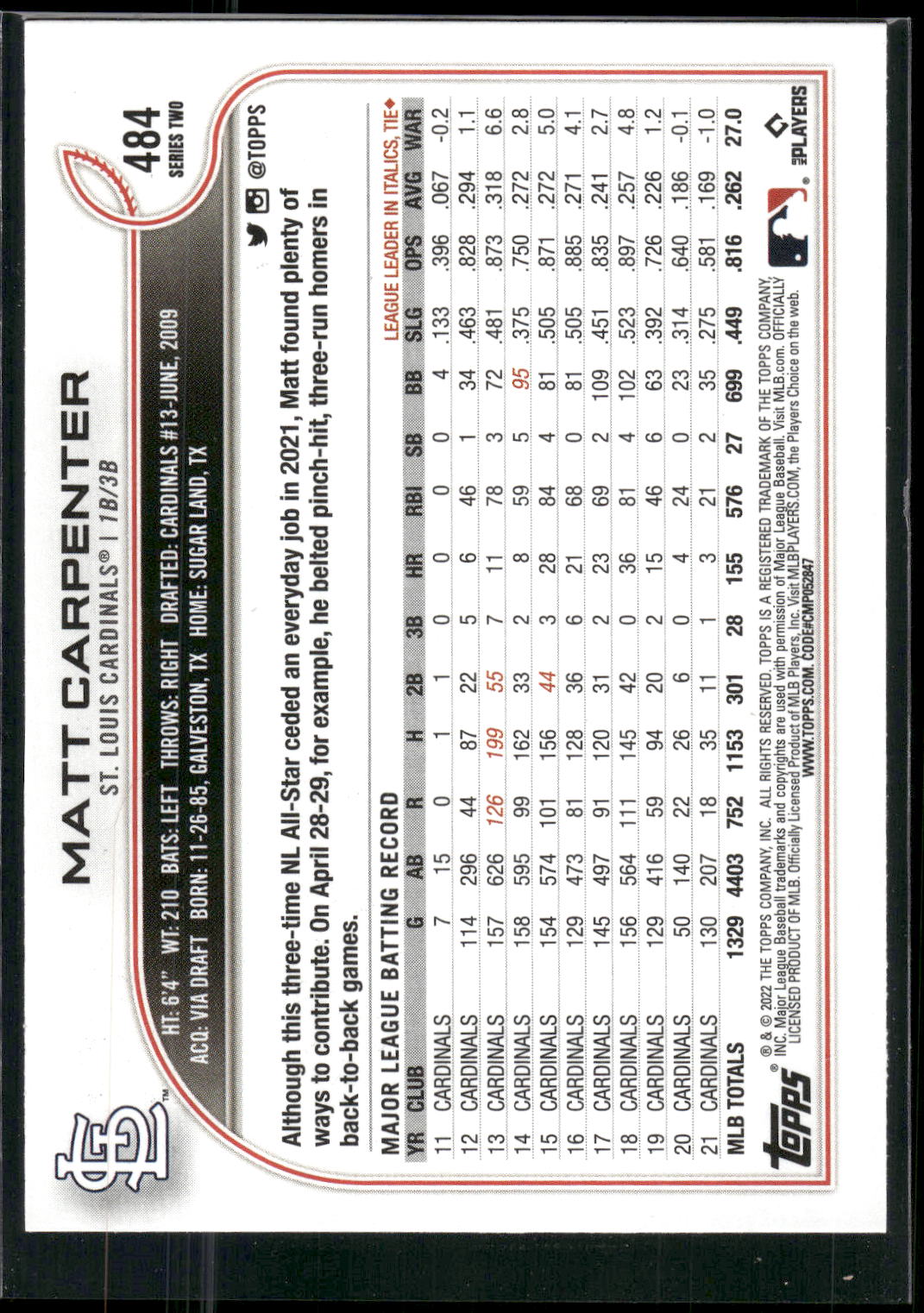 2022 Topps #484 Matt Carpenter
