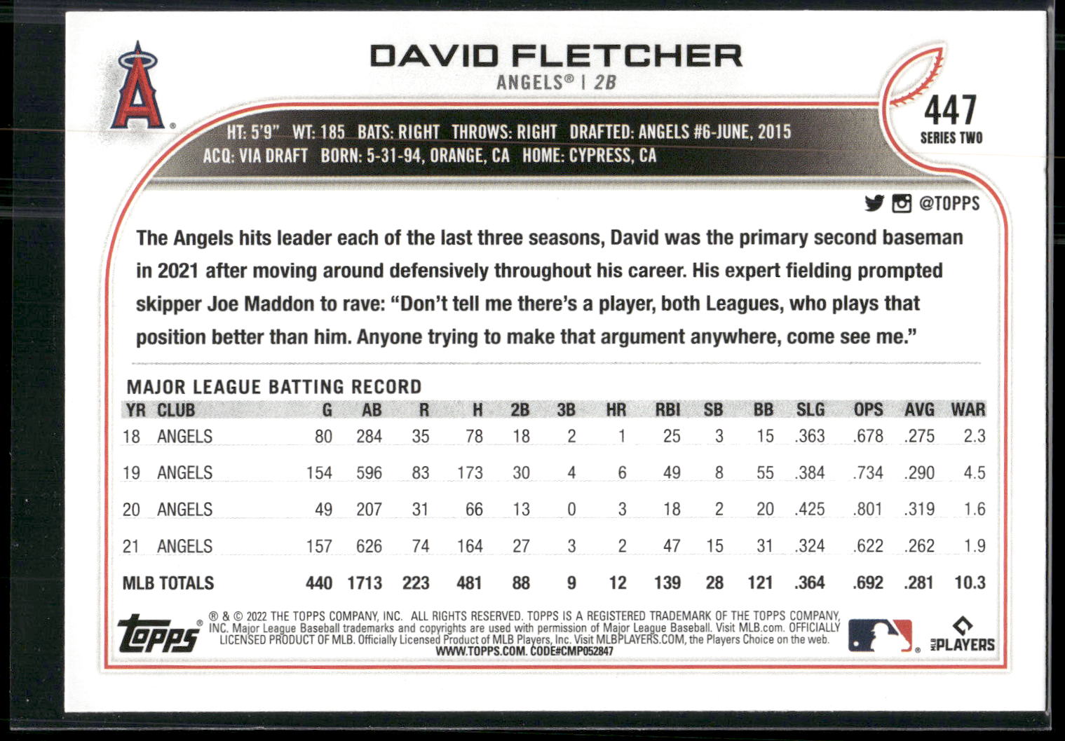 2022 Topps #447 David Fletcher