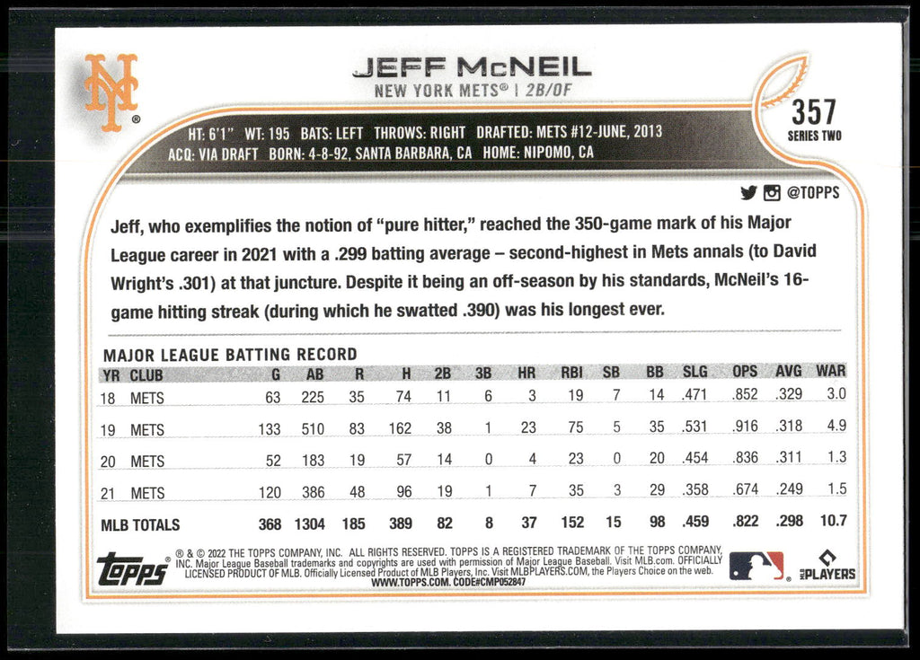 2022 Topps #357 Jeff McNeil