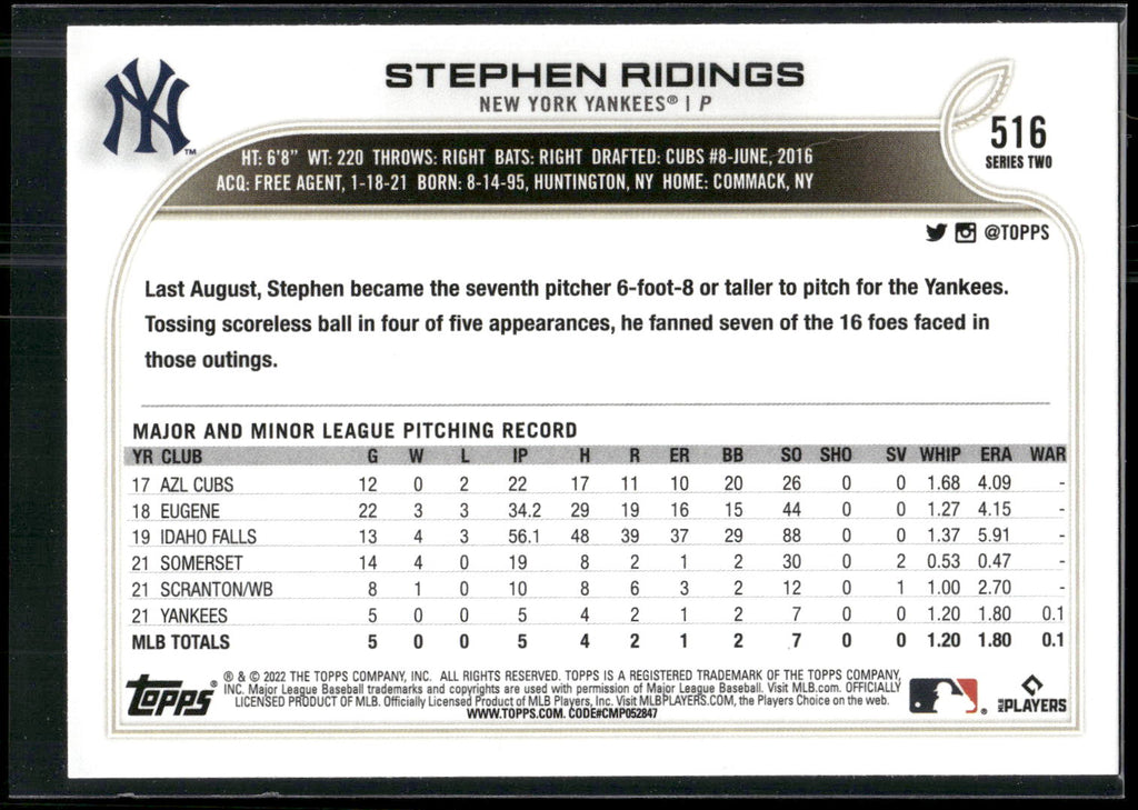 2022 Topps #516b Stephen Ridings