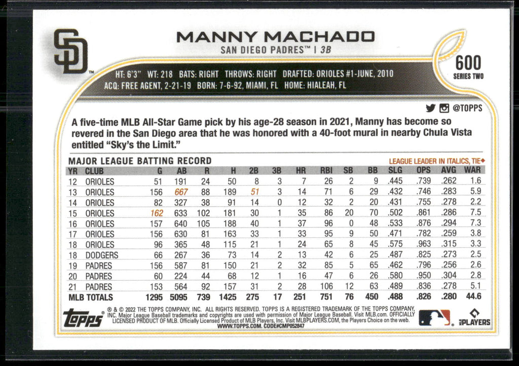 2022 Topps #600 Manny Machado