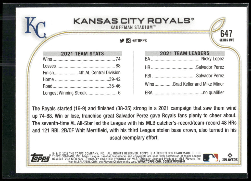2022 Topps #647 Kansas City Royals