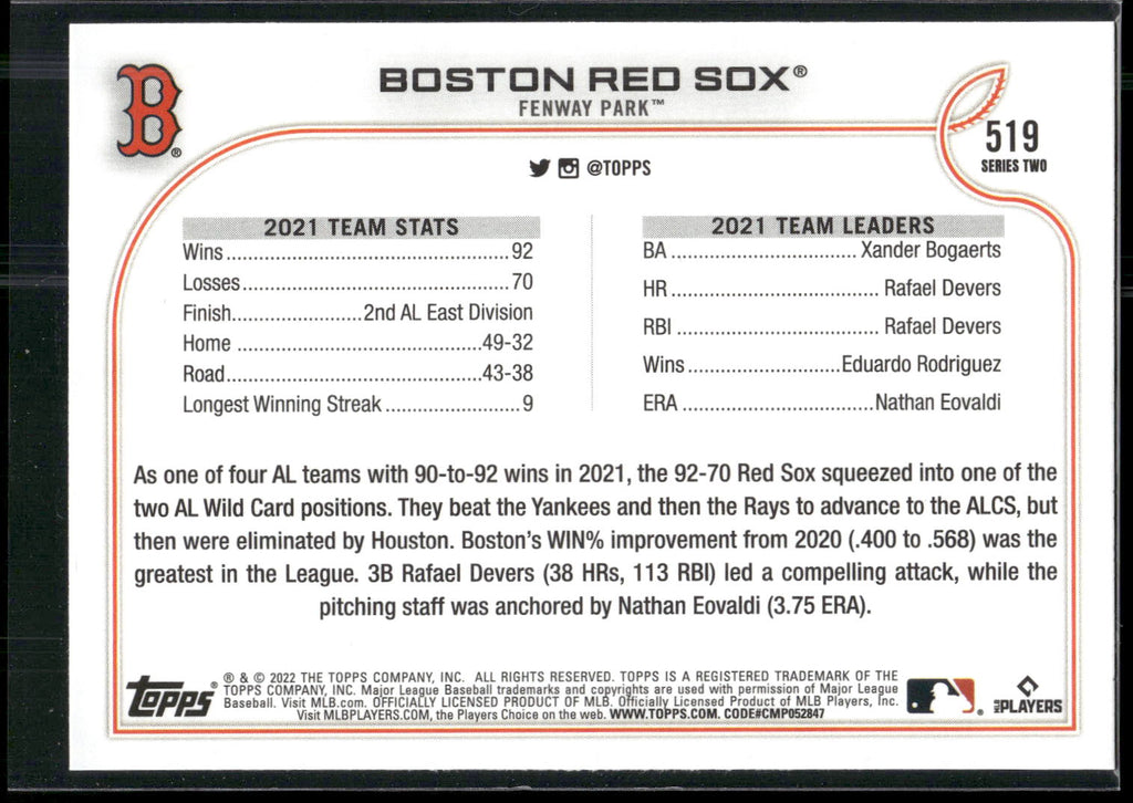 2022 Topps #519 Boston Red Sox