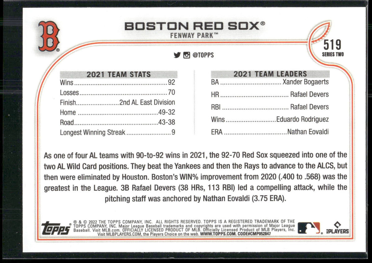 2022 Topps #519 Boston Red Sox