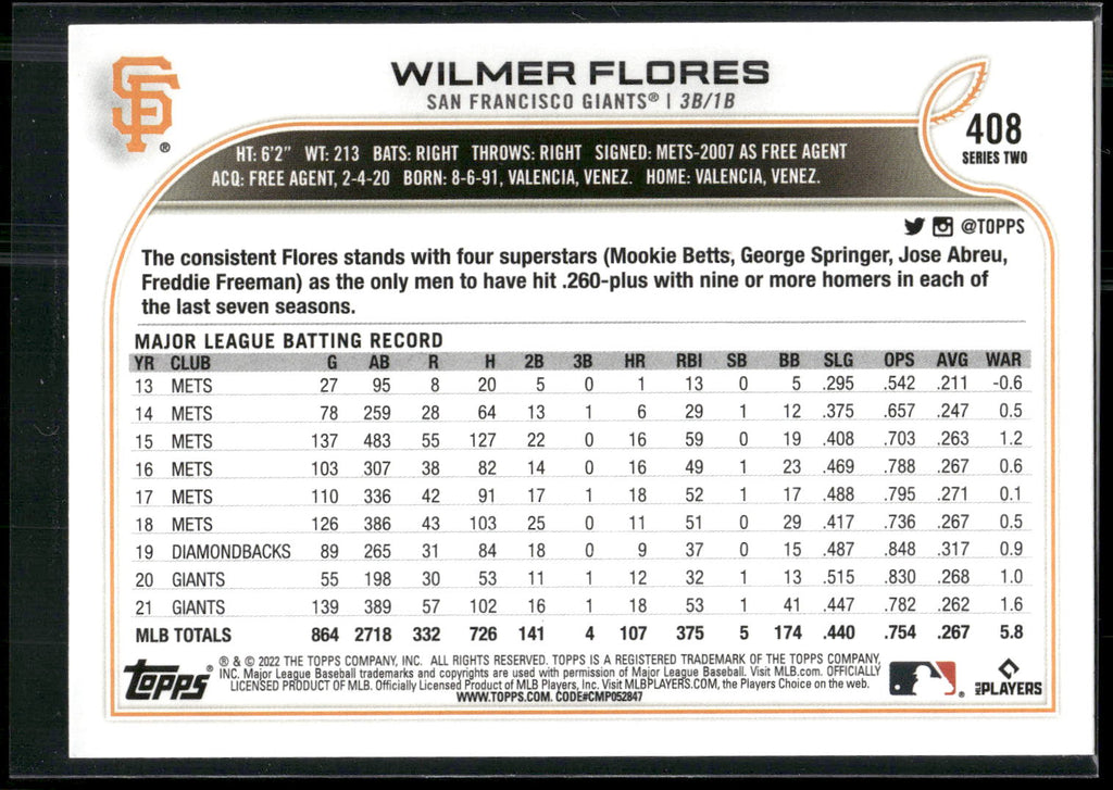 2022 Topps #408 Wilmer Flores