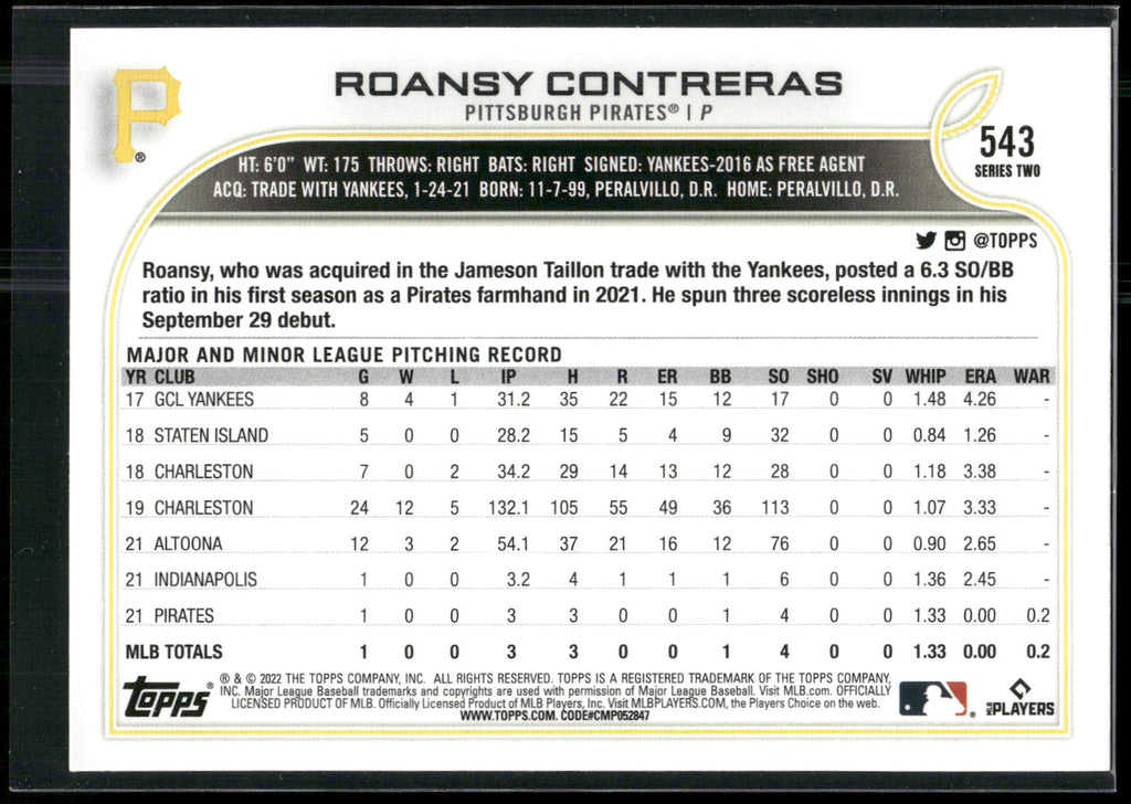2022 Topps #543 Roansy Contreras