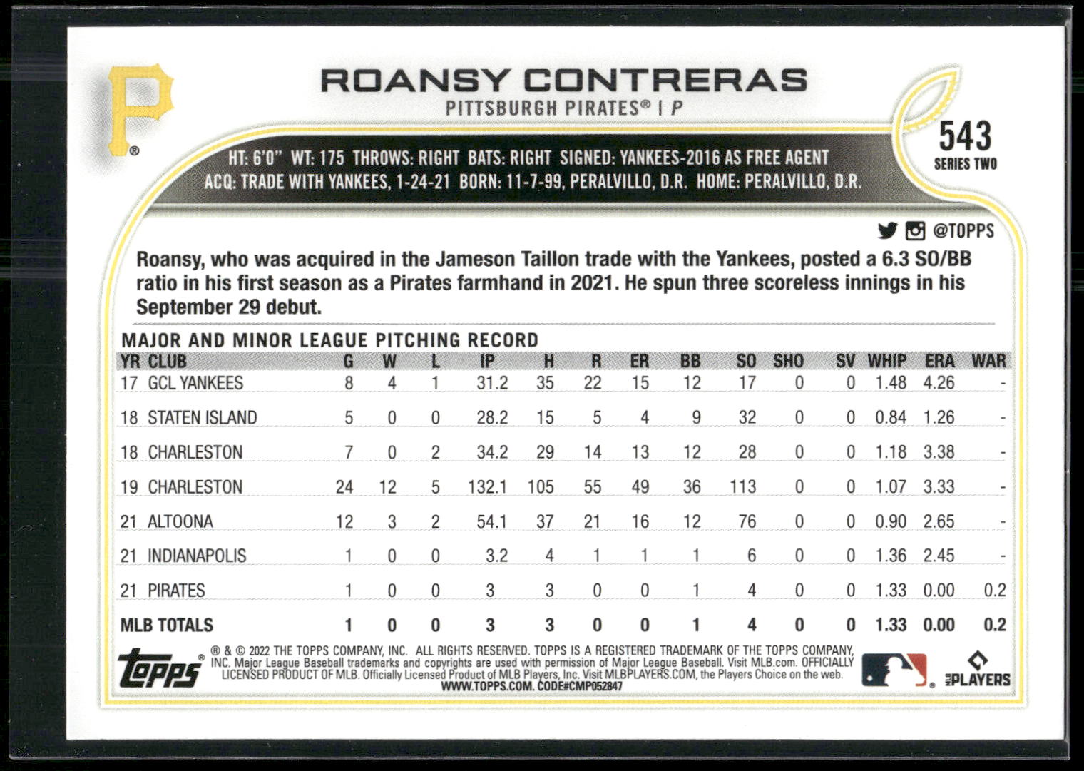 2022 Topps #543 Roansy Contreras