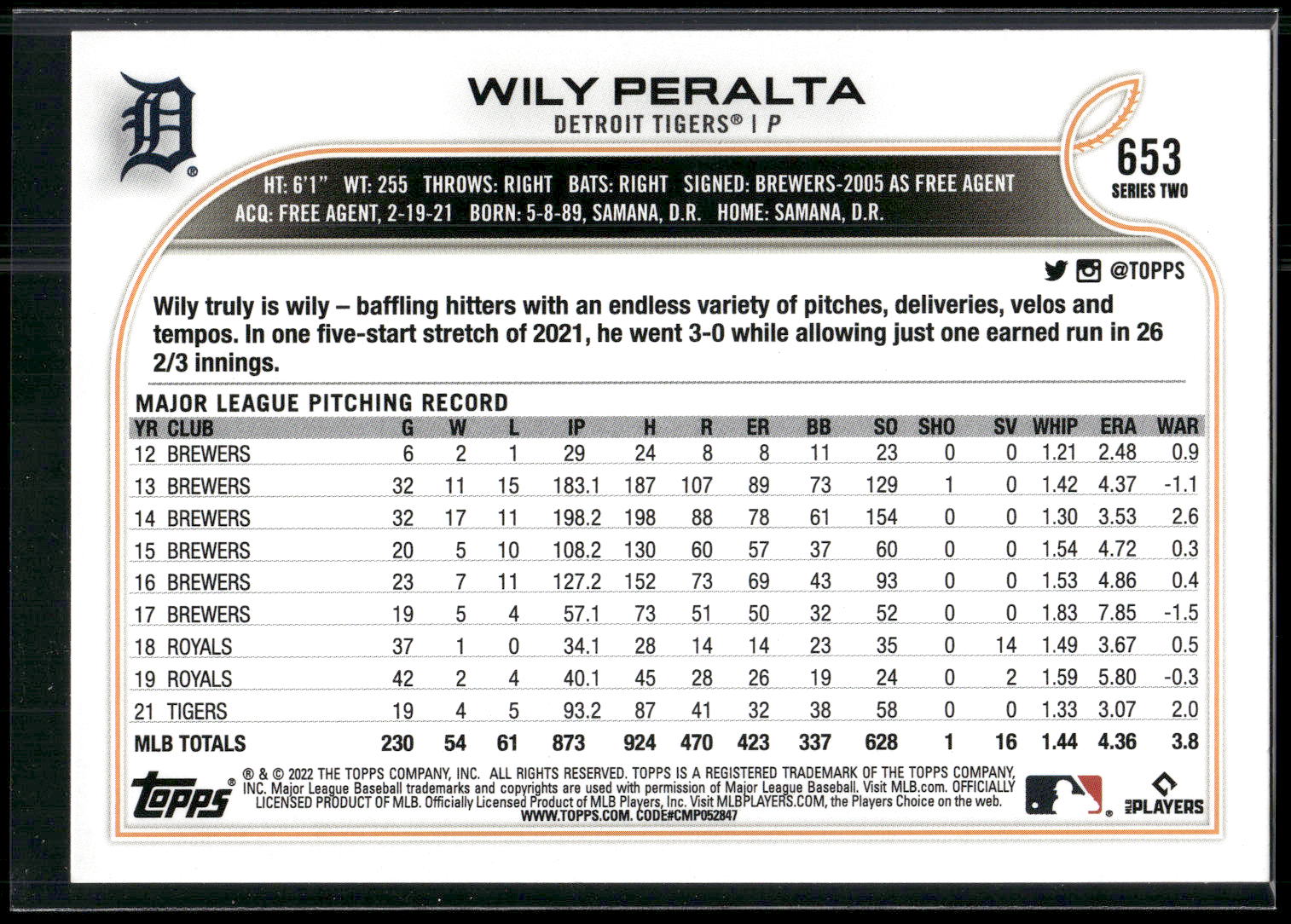 2022 Topps #653 Wily Peralta