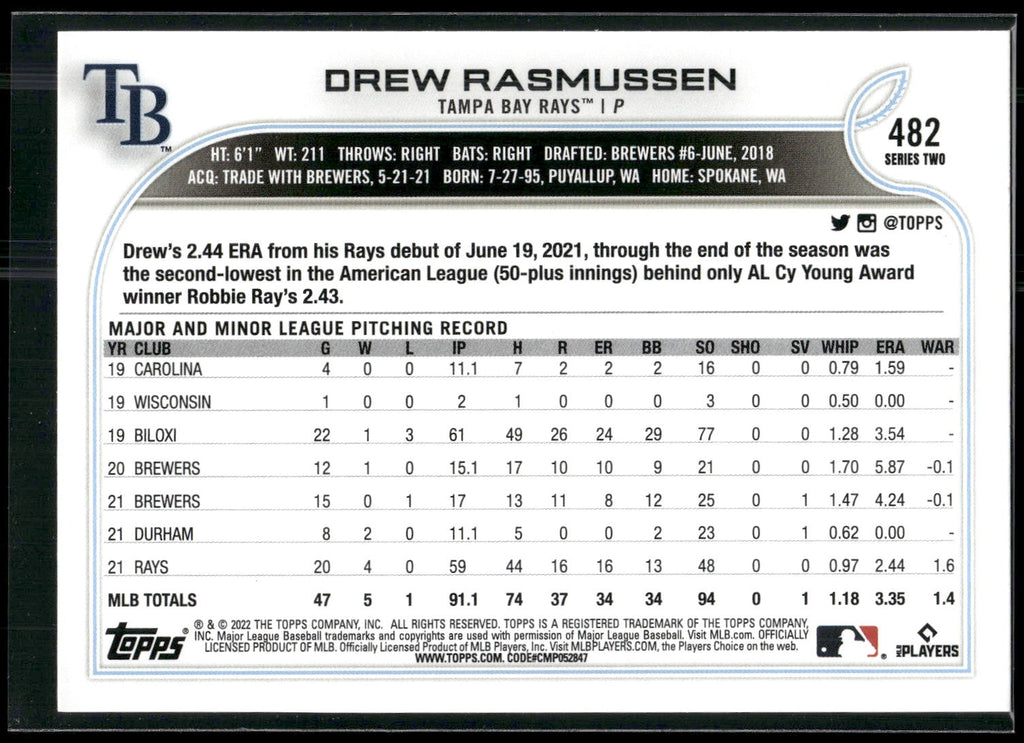 2022 Topps #482 Drew Rasmussen