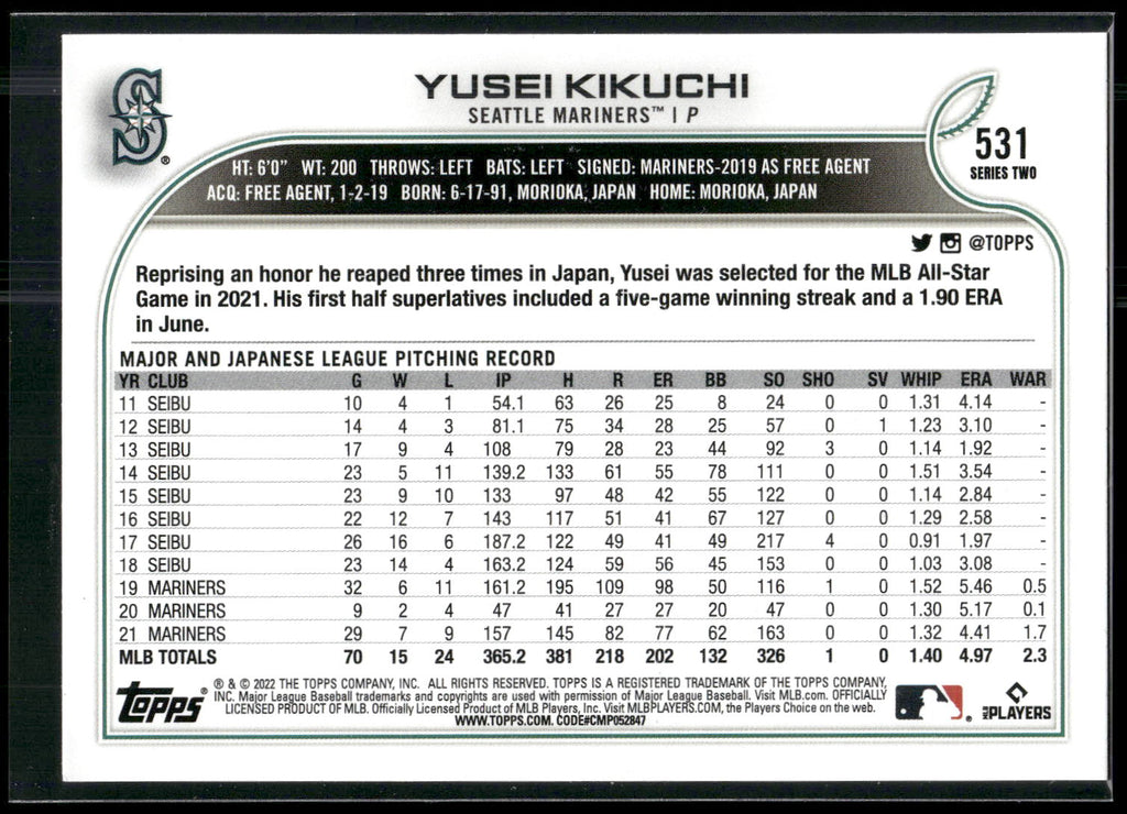 2022 Topps #531 Yusei Kikuchi