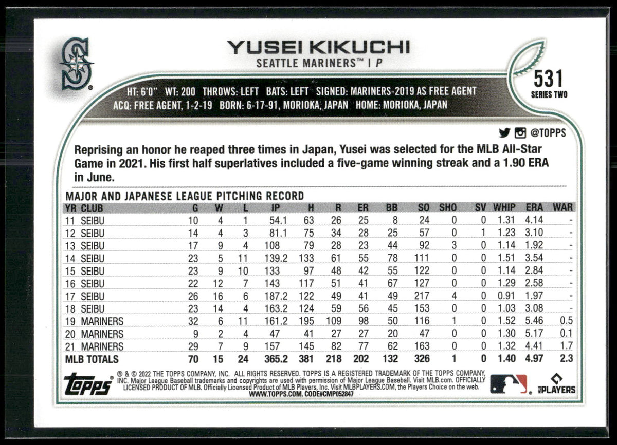 2022 Topps #531 Yusei Kikuchi