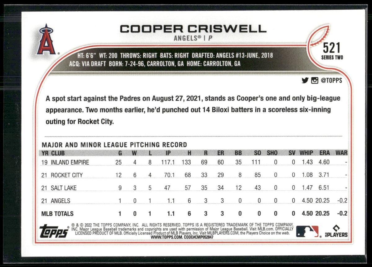 2022 Topps #521 Cooper Criswell