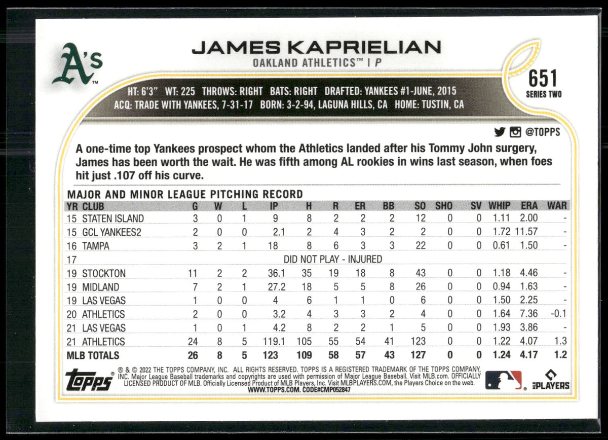 2022 Topps #651 James Kaprielian