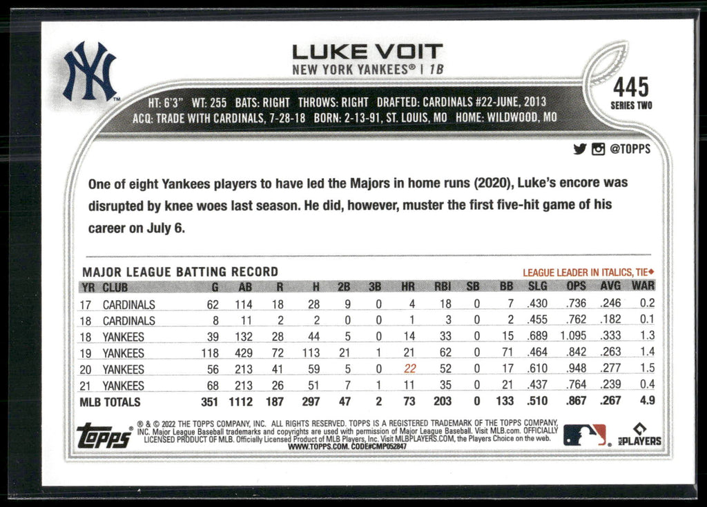 2022 Topps #445 Luke Voit