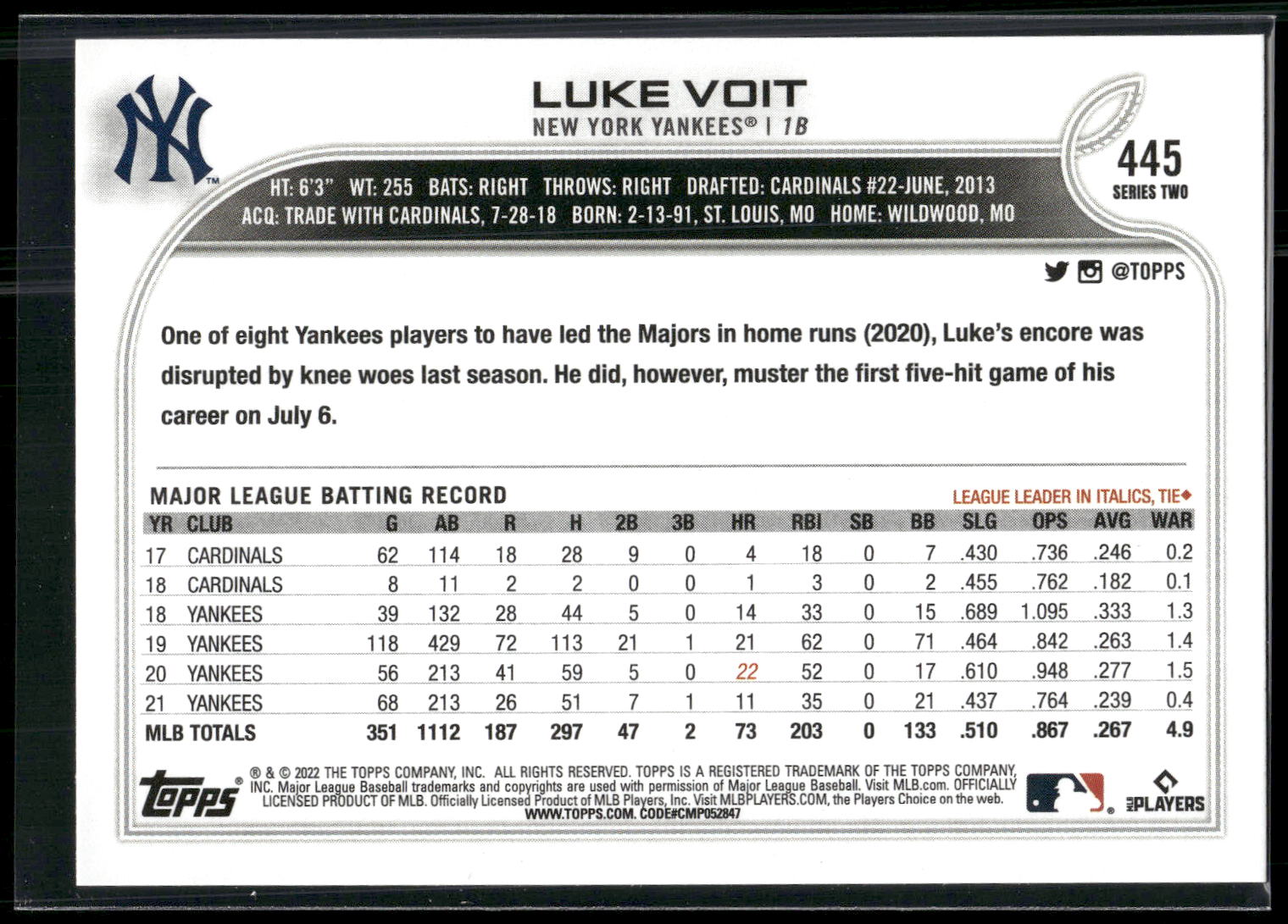2022 Topps #445 Luke Voit