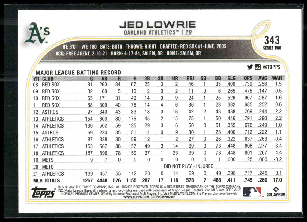 2022 Topps #343 Jed Lowrie