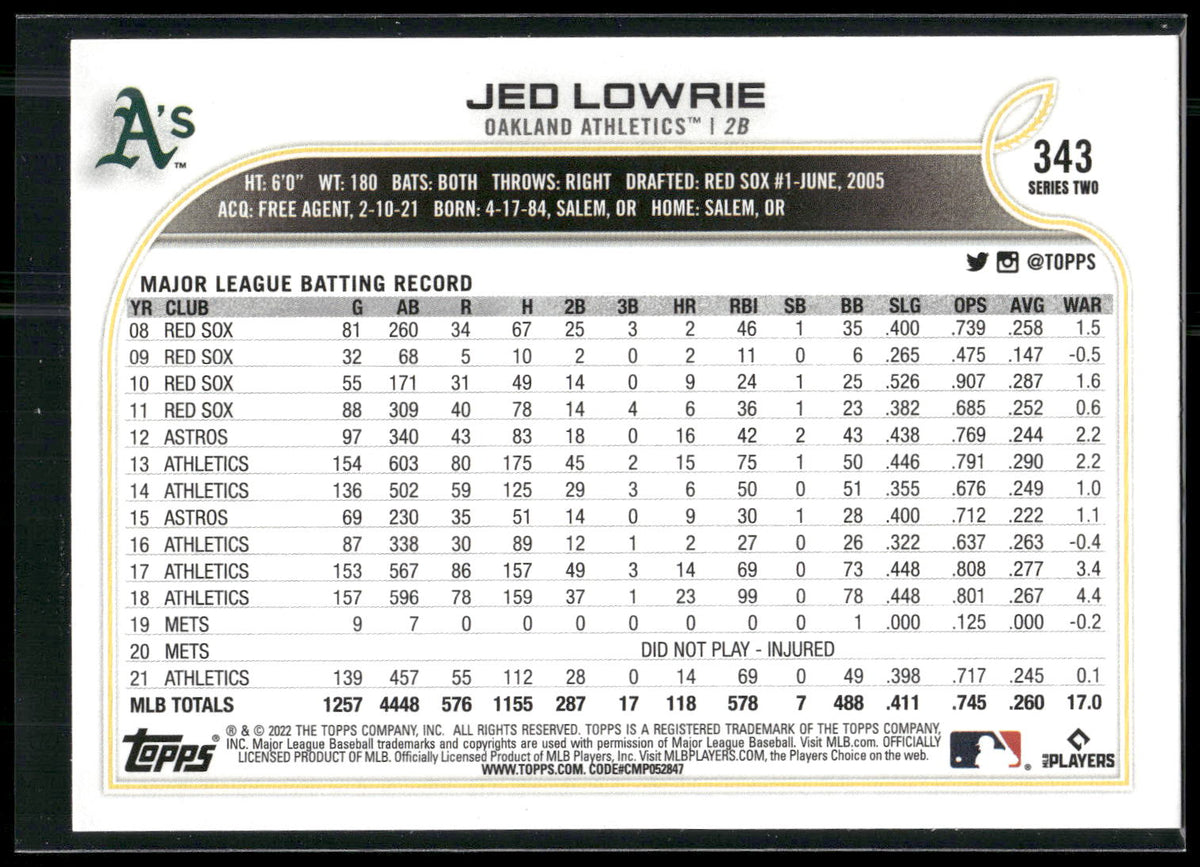 2022 Topps #343 Jed Lowrie