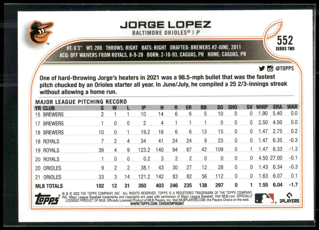 2022 Topps #552 Jorge Lopez