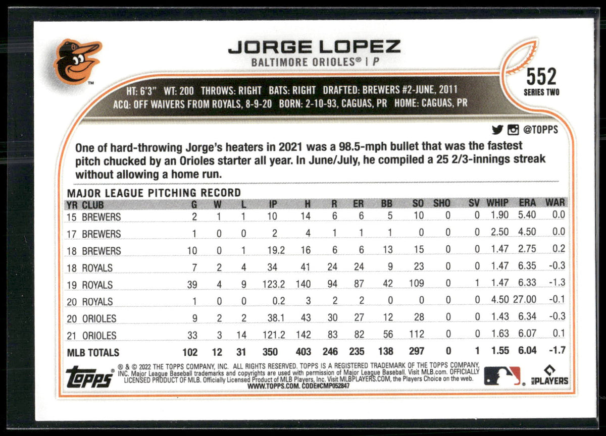 2022 Topps #552 Jorge Lopez