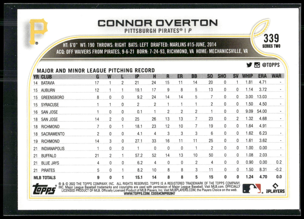 2022 Topps #339 Connor Overton